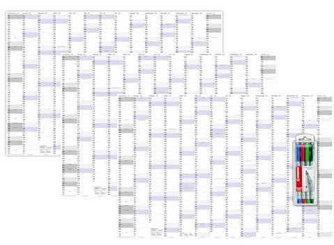 3 Stück XXXL Wandkalender Special A0 2025 nass abwischbar inkl. Stifteset (Format 120 x 80cm) Jahresplaner Wandplaner gerollt mit extra großen Tageskästchen zur optimalen Verwendung