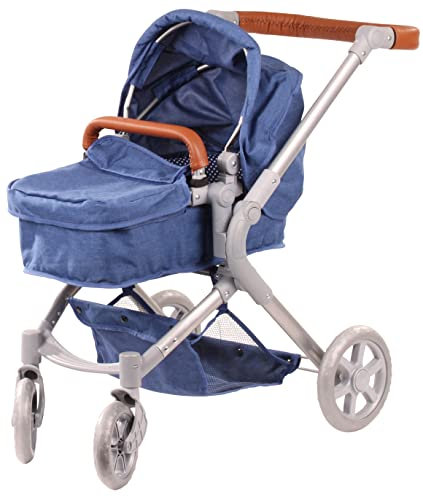 Götz 3403366 Puppenwagen 2 in 1 Denim & Spots - passend für alle Götz Puppen bis 50 cm - Griffhöhe verstellbar von 58-80 cm