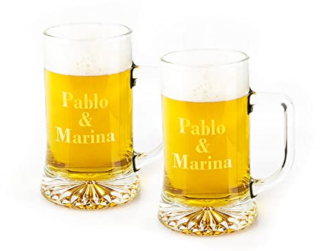 Regalo Original - Pack 2 Jarras Cerveza Personalizadas - Vidrio Grabado - 50 cl c/u - Color Transparente - Con Nombres o Mensajes