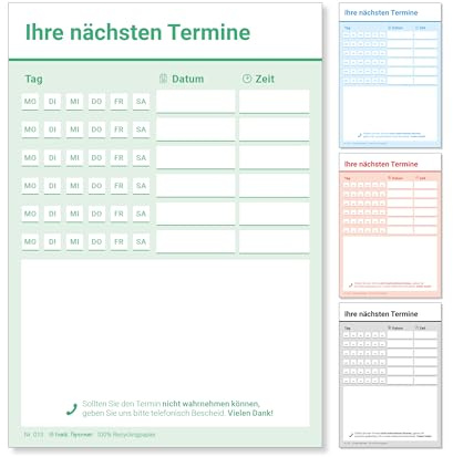 Frank Paperman | 600 Terminzettel Praxis | 12 x Terminblock à 50 Blatt | grün | 6 Termine pro Zettel | für Ärzte. Heilpraktiker. Physio. Massage. Studios u.v.m.