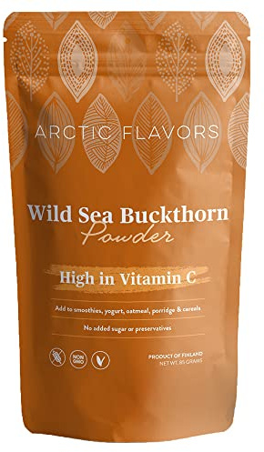 Arctic Flavors Polvo de espino cerval de mar salvaje, vitamina C y omega-3, 6, 7, 9, contiene aceite de espino cerval de mar, hecho de bayas enteras liofilizadas, cultivadas de forma sostenible