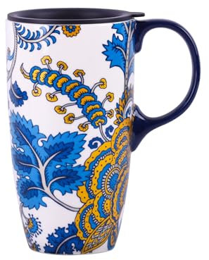 DUSVALLY 17oz Ceramic Travel Mug with Lid - Large Blue Floral Coffee Cup for Tea and Latte