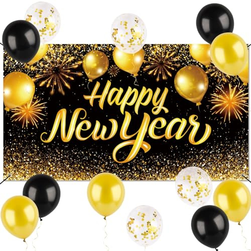 COLOFALLA Silvester Deko 2025 180x100cm Silvester Banner Happy New Year Banner Neu Jahr Banner 12 Luftballons Ballons Foto Hintergrund Fotorequisiten Neujahr Wand Dekoration Schwarz Gold