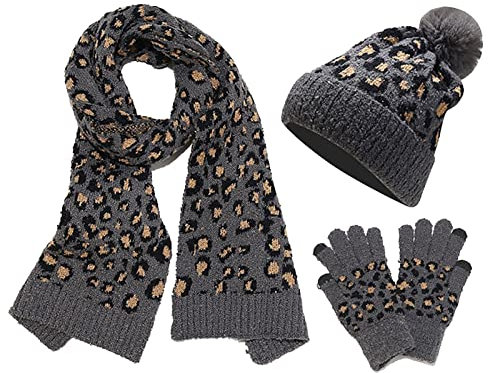 EXQULEG Winter Mütze Schal Handschuhe Set, Warm Strickmütze Beanie Damen Wintermütze Winter Bommelmütze für Männer Frauen Geschenke (Grau)
