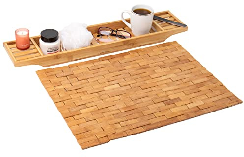 Mind Reader Bathtub Tray and Bath Mat Set, Bathroom Accessories, Rayon from Bamboo, 27.5 L x 5.75 W x 1.75 H, 2 pcs, Brown