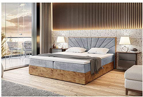 MEBLINI Boxspringbett mit Bettkasten - Gepolstert Doppelbett mit Matratze und Topper - Polsterbett mit Stauraum - Bett mit Kopfteil - Stauraumbett - Lofty 7-180x200 - H3/Hellgrau Samt