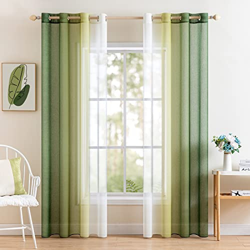 MIULEE Olivergrün Zweifarbig Voile Gardinen mit Ösen 140x185cm 2er Set | Zweifarbiger transparenter Voile Stoff mit sanfter Lichtdurchlässigkeit, Ösenaufhängung, passend für Schlafzimmer