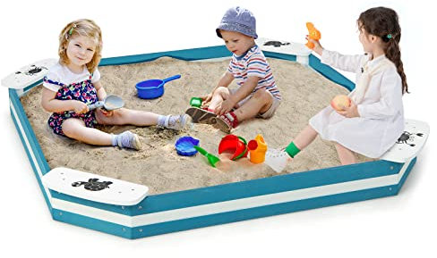 COSTWAY 126 x 126 x 14 cm Sandkasten Holz, Sandbox mit 4 integrierten Sitzen, Sandkiste für Kinder ab 3 Jahre