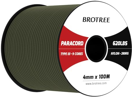 Brotree Paracord 4mm 100M 9 Stränge 100% Nylon Seil Schnüre Typ III für Survival, Outdoor, Heimwerken - Bruchlast 280kg (Armee Grün)