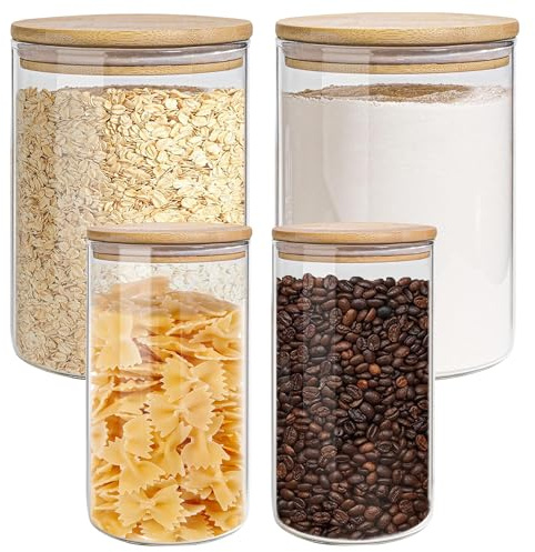 EQEY Glass Storage Jars Set Elegant Containers with Airtight Bamboo Lids, Perfect for Kitchen Organization - Flour, Rice, Pasta, Sugar, Coffee Beans (2 packs(37oz) / 2 packs(111oz))