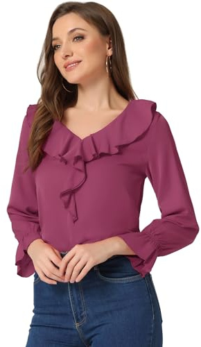 Allegra K Blusa de gasa con cuello en V y mangas de pulsera, color azul, talla 12, Fucsia, XL