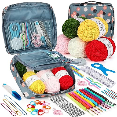Aeeque Häkelset für Anfänger, Ergonomische Häkeln Set Erwachsene mit Häkelgarn, TPR Häkelnadeln, Häkeltasche, Metall Häkelnadel, Bunte Crochet Sets für Decken, Socken, Pullover, Schal (Blau)