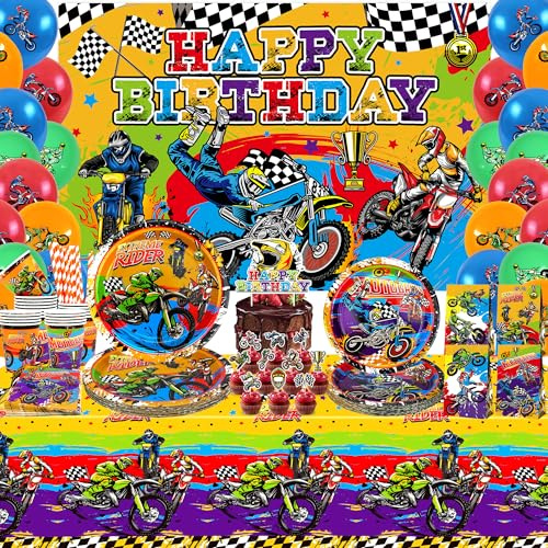 Forniture per feste di compleanno per moto da cross, include sfondo di buon compleanno, piatto, tazze, topper per torta, per ragazzi, decorazioni per sport estremi in moto, 20 porzioni, (set A)