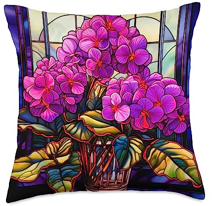 African Violet Stained Glass Art African Violet Lover Design Throw Pillow