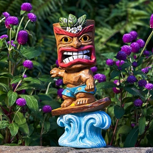 Yiosax Solar Tiki Statue Outdoor Decor-Tiki Bar Decor-Garden Tiki Surfing Statues Waterproof Decoration Figurine for Tiki Bar,Patio,Balcony,Yard,Lawn,Table,Desk 9.92 Inches Tall