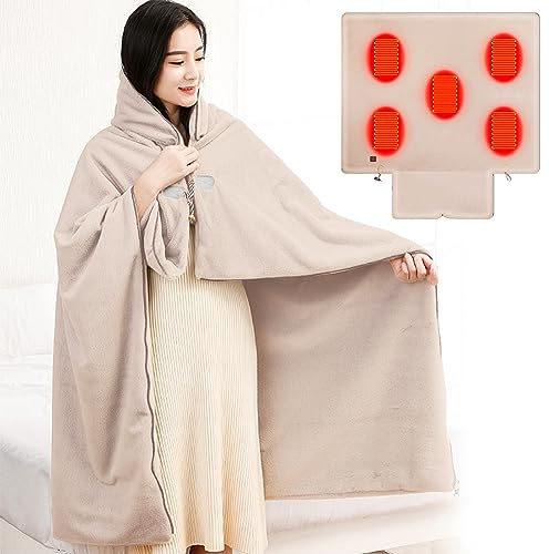 Woolala Wearable Blanket Hoodie Heated Throw USB 3 Heating Settings Machine Washable Portable Warm Soft Flannel Electric Heated Shawl for Women Men Home Office Outdoor Camping, 130 * 110 cm, Khaki