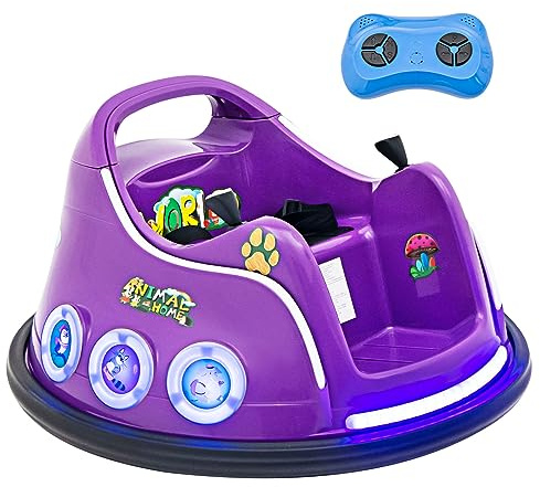 COSTWAY Kids Bumper Car, 12V Electric Ride on Waltzer Cars with Remote Control, 360 Degree Spin, Flashing LED Lights, Built-in Music & Wireless Connection, Battery Powered Ride on Vehicle Toy (Purple)