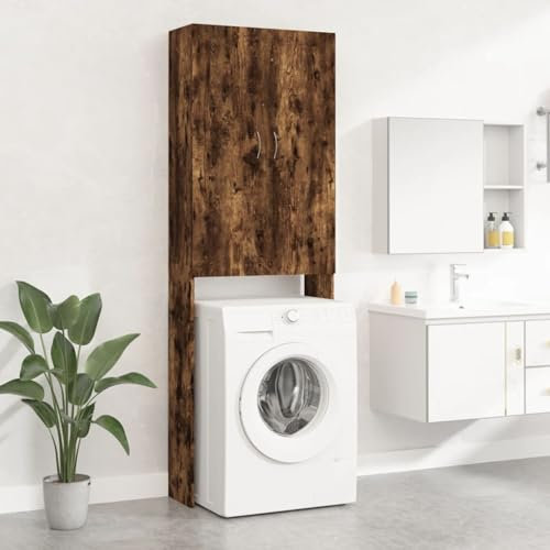 Gecheer Washing Machine Cabinet Over Toilet Cabinet Freestanding Washing Machine Rack with 2 Doors and 3 Shelves Bathroom Laundry Storage Organiser Cupboard Smoked Oak 64x25.5x190 cm 1