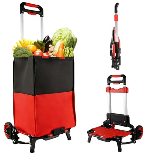 APOXCON Folding Shopping Cart with Removable Waterproof Bag and Bungee Cord, Heavy Duty Push Cart with Mute Wheels, Portable Hand Truck for Shopping, Groceries, Travel and Office Use