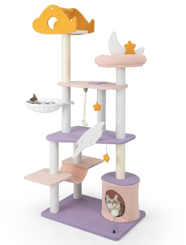 COSTWAY Kratzbaum, Katzenbaum mit Katzenhöhle & Hängematte & Sisalseil & Spielzeug, niedlicher Katzenkratzbaum, Katzen Katzenmöbel, Kletterbaum Aktivitätsbaum Spielbaum, Lila+Pink (48x68x167cm)