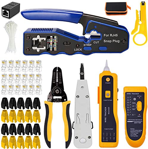 Mayline Cat5 Cat6 Cat6e - Juego de reparación de cables de teléfono portátil para RJ11 RJ45, pelacables de alambre perforado, crimpadora coaxial (negro)