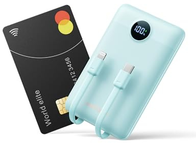 WeeFancy Mini Cargador Portátil para iPhone 10000mAh Slim PD 22.5 W de Carga Rápida con Cables Integrados, Viaje Esencial USB C Batería Pequeña Compatible con iPhone y Android (Azul)