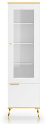 Lomadox Vitrine 55cm breit weiß mit goldfarbenen Akzenten Wohnzimmer Esszimmer Vitrinenschrank modern schmal