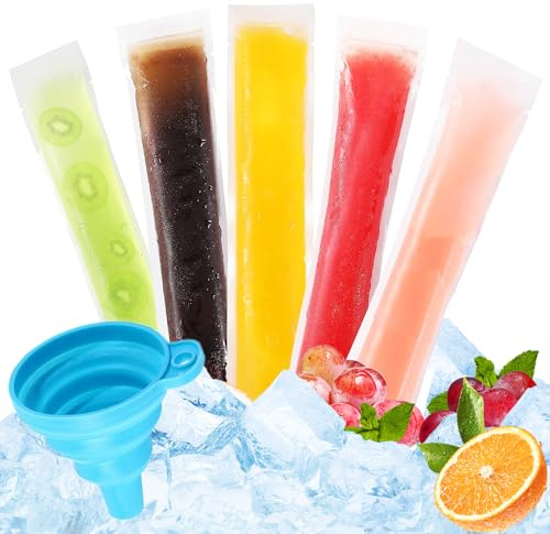 FainFun Popsicle Taschen, 100 Stück Eis Am Stiel Taschen, Wassereis Tüten Wiederverwendbar, Wassereis Selber Machen Formen mit Trichter für Joghurt, Fruchtsaft, Eiscreme, Süßwaren
