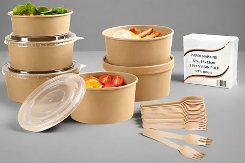 HOT BARGAINS 18oz Kraft Paper Salad Bowls with Wooden Cutlery Set, 100 Sets