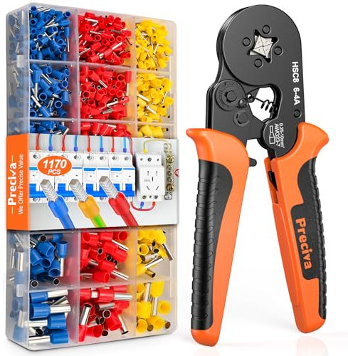 0.25-10mm² Crimping Tool, Preciva Square Crimping Tool Set with 1170 Crimp Connectors, 0.75/1.5/2.5/4/6/10mm² Wire Terminals, 6 Sizes in Red/Blue/Yellow 3 Colours Ferrule Crimping Tool Kit Crimper