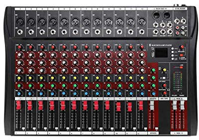 Mesas de Mezclas de Estudio, Mezclador de Audio de Karaoke con USB Profesional de 12 Canales Bluetooth Studio DJ Consola de Mezcla Amplificador Digital KTV Mezclador de Sonido 48 V