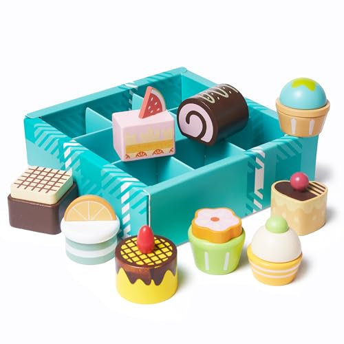 Donmills 10pcs Wooden Dessert Set Toddler Pretend Play Toy Food, Sweets Playset with Muffin, Cupcake, Chocolate Cake & Roll, Kids Food Toys Play Kitchen Accessories Boys and Girls Birthday Gift