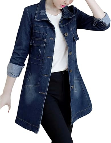 Suncadmious da Donna Elegante Lungo Oversize Abbottonato Trench Coat Risvolto Denim Parka con Bottoni Sottile Monopetto di Media Lunghezza Trench Giacca Autunnale (Blu Scuro,3XL)