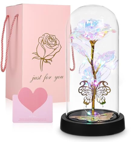 Sinlaw - Rosa eterna para mujer, diseño de flor eterna bajo campana LED y tarjetas, color rosa artificial Galaxy rosa para mujer, regalo para San Valentín, día de la madre, ideal para Navidad, color