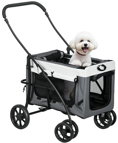 PawHut Carrito para Perros 4 en 1, Cochecito para Perros Plegable, Transportín para Mascotas con Vagón Desmontable, Cojín, Carga 10 kg, para Pequeños, Gris