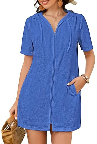 Bsubseach Peignoir en tissu éponge - Robe de bain pour femmes 2026 avec fermeture éclair, peignoir de bain à capuche avec poches, bleu, Large