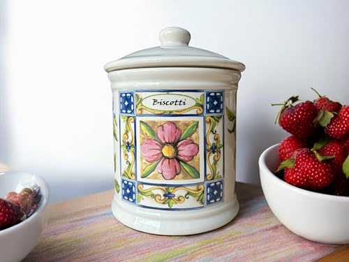 GMM Ceramic Biscuit Container, Floral Pattern, Mediterranean Design, Biscuit Tin, Multipurpose Jar (Large 19cm)