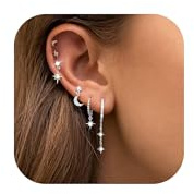SIXDUTON 6pcs Ohrringe Helix Piercing Gold Set für Damen, 18K Vergoldet Hypoallergen Ohrstecker Mond und Sterne, CZ Flatback Ohrstecker Huggie für Frauen (A-Silber)