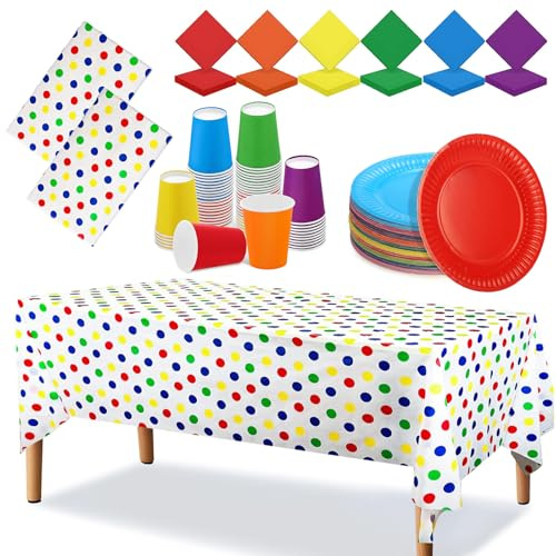 180 Pack Pieces Rainbow Party Tableware -Tablecloth, Colorful Paper Plates and Napkins 250ml Paper Cups Complete Pack Dinnerware Set for Neon Rainbow Birthday Party Decorations Supplies