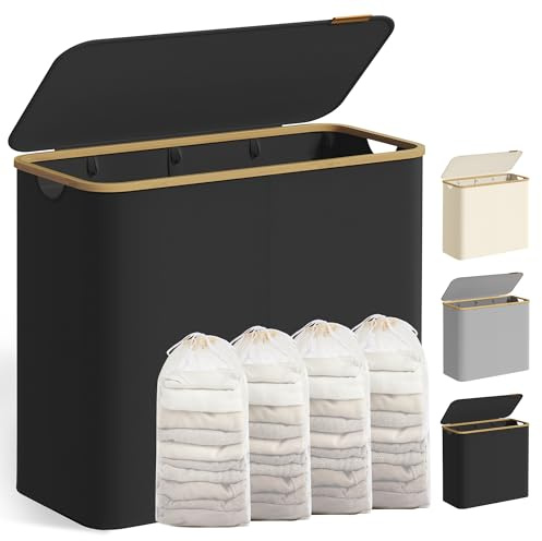 SONGMICS Tvättkorg med lock, tvättsorterare med 4 fack, 200 L, urtagbar tvättpåse, Oxford-tyg, handtag i bambu, hopfällbar, 78 x 38,5 x 70,5 cm, bläcksvart LCB514BH01