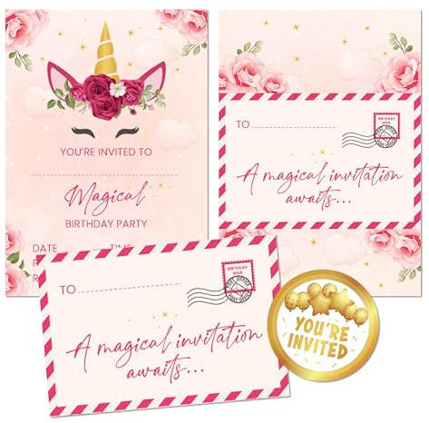 Kirsten McMillan 36 Flower Unicorn Invites - A6 Birthday Party Invitations – Designed and Printed in the UK (Pack of 36)