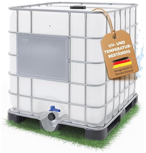 IBC Contenitore da 1000 litri (nuovo) – Botte per pioggia, serbatoio d'acqua XXL con pallet in plastica – per alimenti e resistente ai raggi UV – riutilizzabile – come serbatoio per acqua piovana per