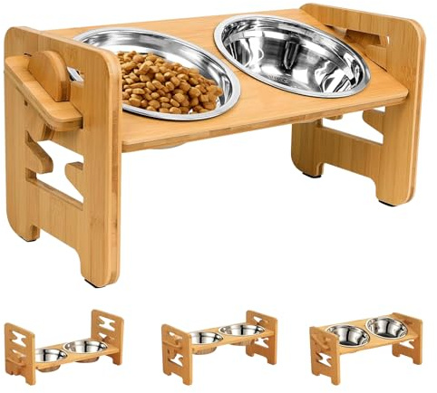 PRITOK Elevated Dog Bowls with Stand: Raised​Dog​Feeding​Station with 2 Stainless​Steel Bowls,​Adjustable​Height, Cat Raised Feeders for​Small Medium​Large​Dogs​and Cats(42.5 x 16.5 x 13CM)