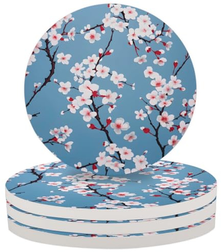 Set di 4 sottobicchieri in ceramica con fiori di ciliegio Sakura e fiori di ciliegio, set di sottobicchieri assorbenti, adatti per la decorazione della casa, bar, cucina, feste, 10,2 cm