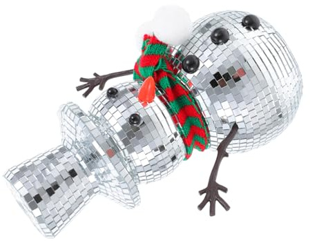 OSALADI Mirrored Snowman Figurine with Knitted Scarf and Hat Reflective Disco Ball Effect Indoor Christmas Decoration Winter Holiday Table Centerpiece with Enchanting Light Patterns for