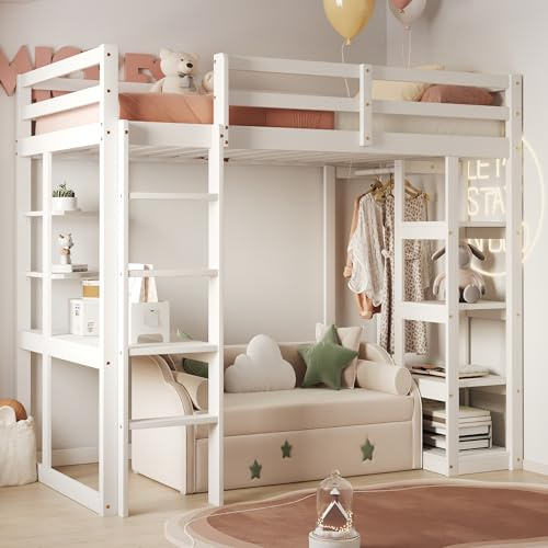OKMYHOME Lit Mezzanine Enfant 90x200 cm avec Bureau, Cintre et Rangement, pour Garçon et Fille- Bois de pin, Blanc - sans Matelas