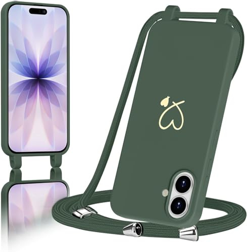 AoozeFon für iPhone 17 hülle mit Band, Handyhülle iPhone 17 mit Kordel zum Herz, Schutzhülle Handyband mit Umhängen Abnehmbare Weich TPU Liquid Silikon Bumper, Grün