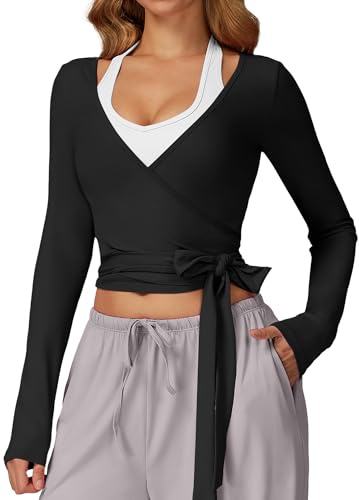 FEOYA Haut Cache-CœUr pour Femme De Ballet à Manches Longues Noué sur Le Devant Yoga Pilates Haut De Gymnastique Dancewear Noir S