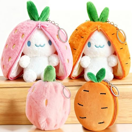 oeeo Lot de 2 Lapins à Cacher, Lapin de Pâques en Peluche, Lapin en Peluche en Forme de Fraise avec Fermeture Éclair 14 cm, Jeu de Cache-Cache Cadeau de Pâques pour Enfants, Garçons, Filles (Fraises
