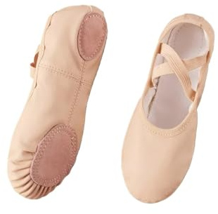 Balettskor i läder för flickor, platta dansskor, professionella, mjuka ballerinaskor med delad sula, yogaträningsskor för kvinnor, Beige, 35 EU